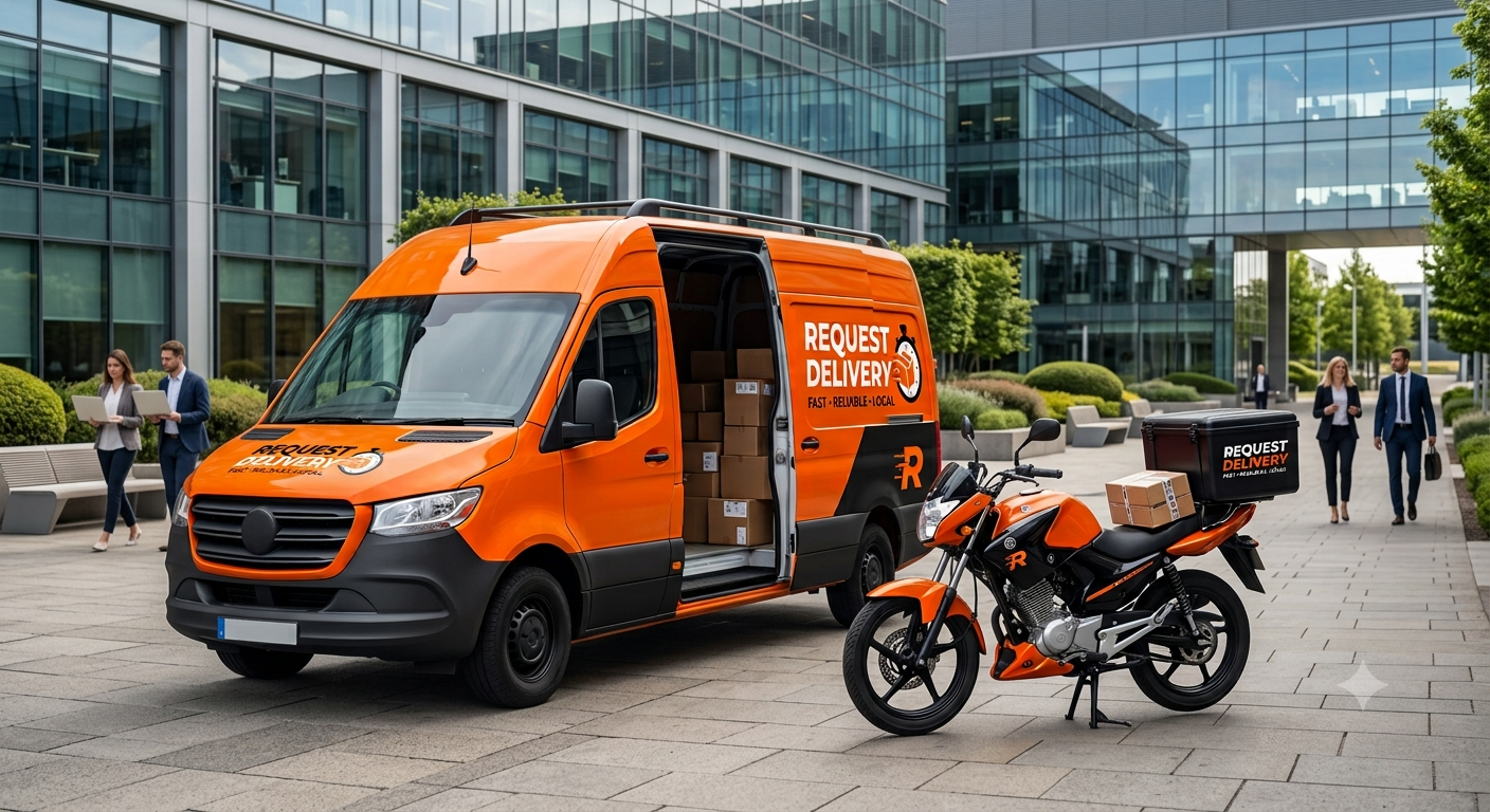 Request Delivery van and motorcycle outside a modern office